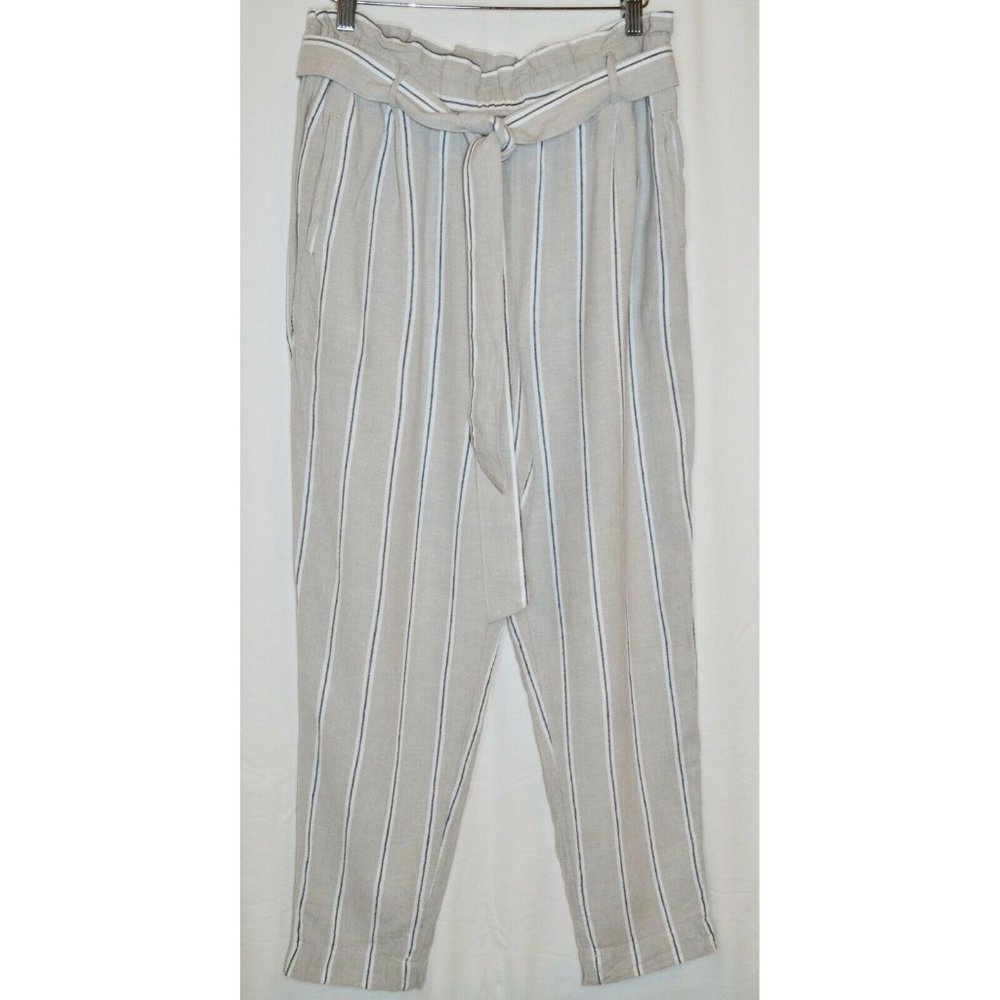 H&M Striped Linen Blend Paperbag Pants Striped Grayish Beige Size 6
